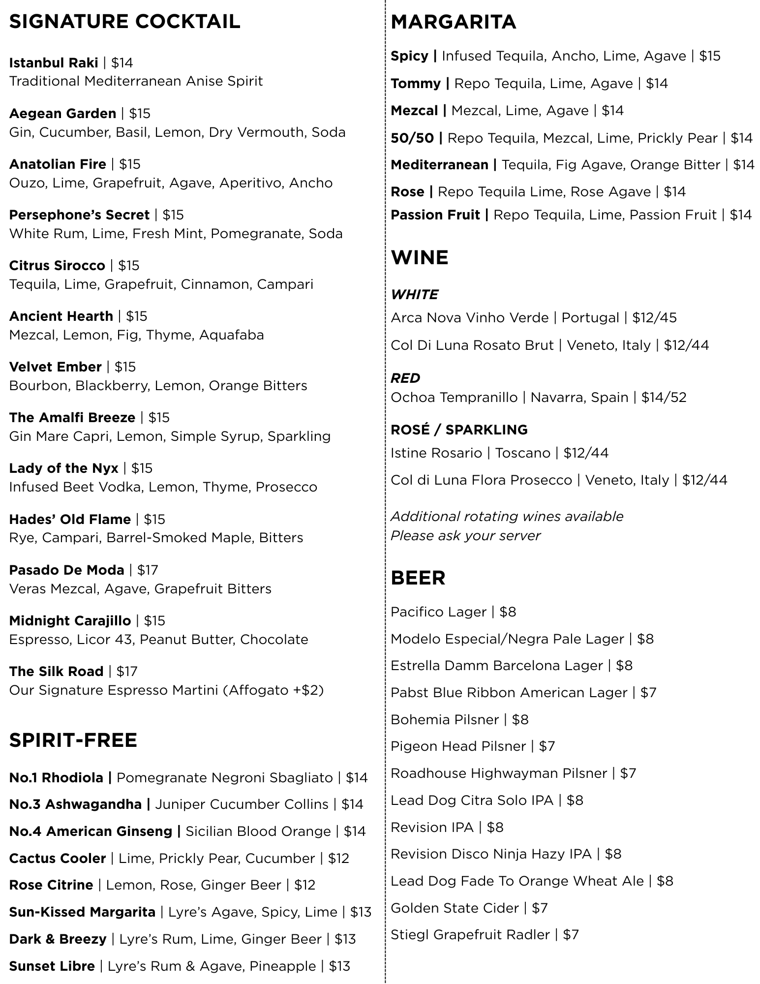 The Jesse Bar beverage menu with signature cocktails, margaritas, wine, beer, and spirit-free drinks, served Tuesday to Sunday from 3 PM to close in Reno, Nevada