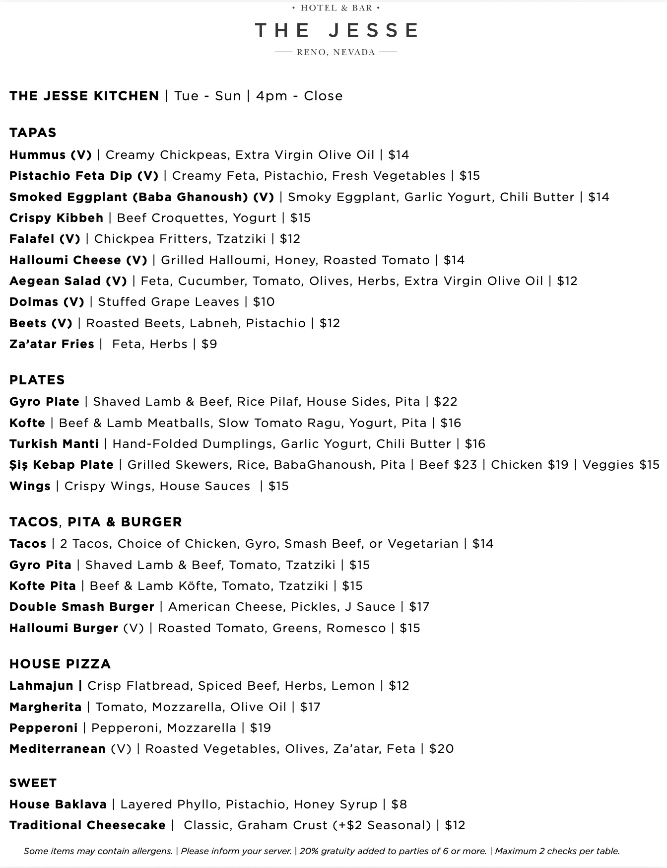 The Jesse Kitchen dinner menu with Mediterranean tapas, kebabs, pita, burgers, and pizza, served Tuesday to Sunday from 4 PM to close in Reno