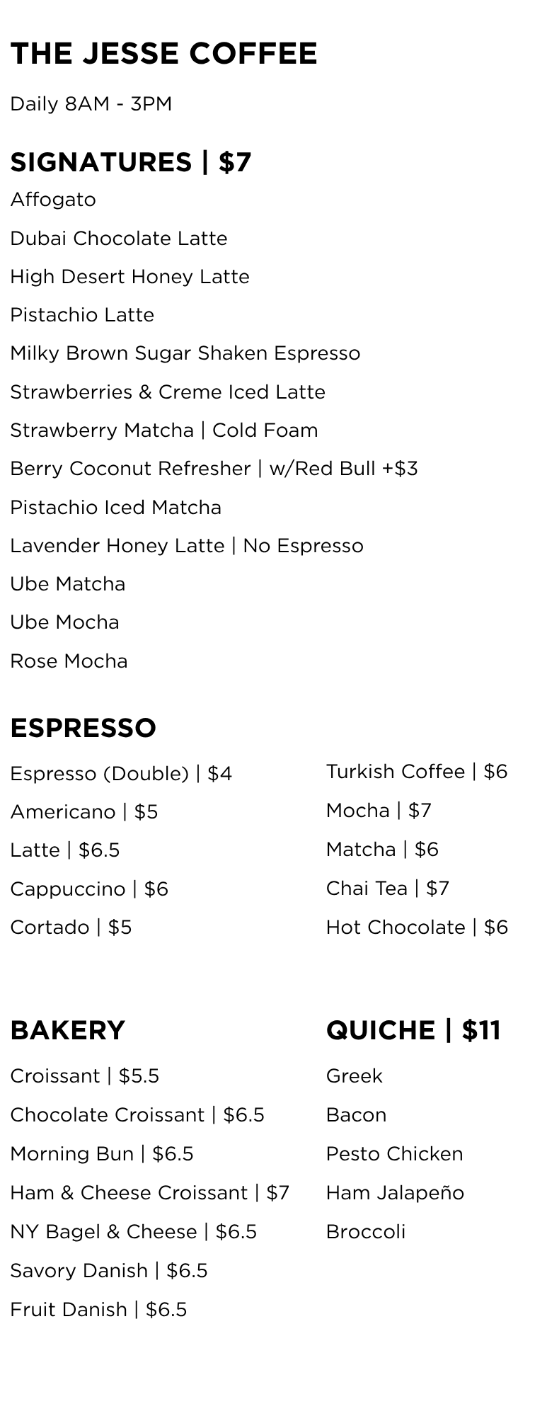 The Jesse Coffee menu with espresso drinks, signature lattes, bakery items, and quiche, served daily from 8 AM to 3 PM in Reno, Nevada